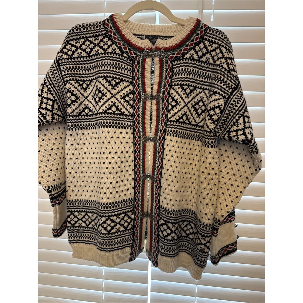 Dale Of Norway Sweater Women 48 S White Black Wool Knit Pewter Button Winter Ski